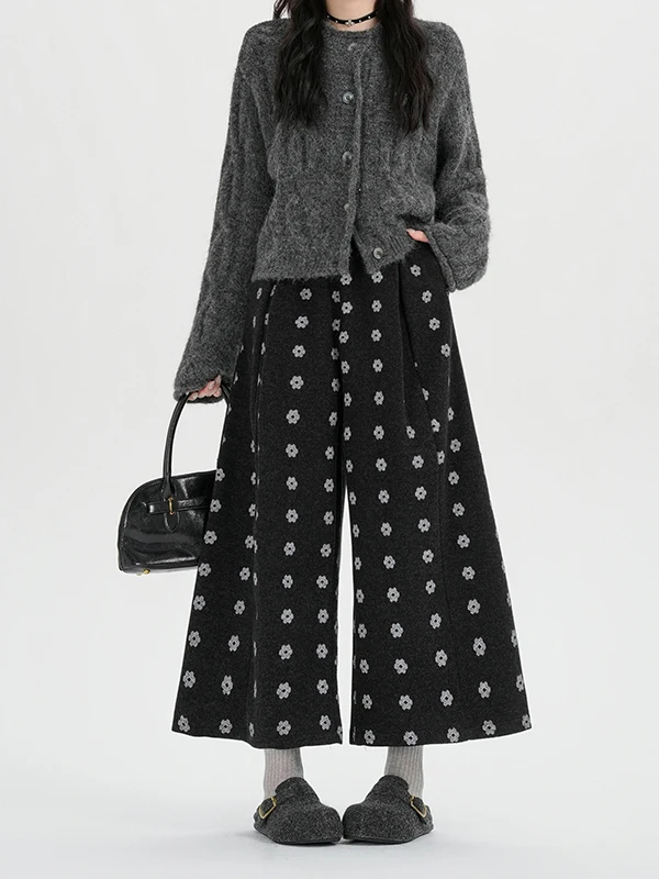 Pantaloni di lana floreali a gamba larga a vita alta Pantaloni casual dritti larghi autunno inverno da donna Stampa di piccole dimensioni Otto nove pantaloni