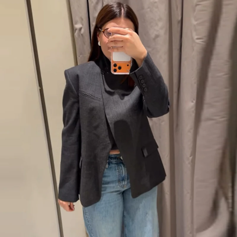 HXAO بليزرات للنساء مكتب تبدو رمادي داكن السترة المرأة غير المتكافئة طويلة الأكمام الخريف المرأة السترة فضفاضة عادية السترة #6