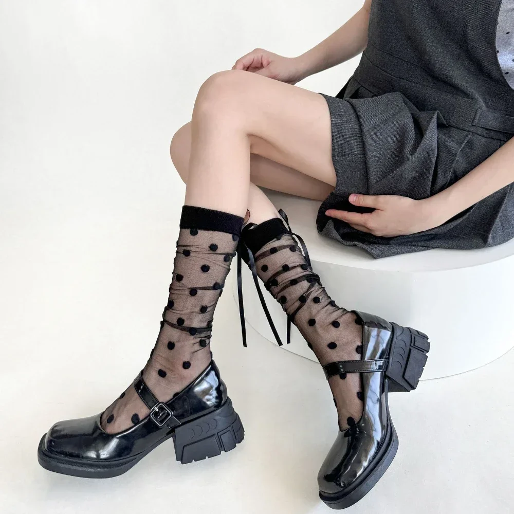 

Bandage Bow Polka Dot Women Stockings Casual Striped Nylon Long Socks Ultra-thin Transparent Ballet Style Crystal Silk Socks Sox