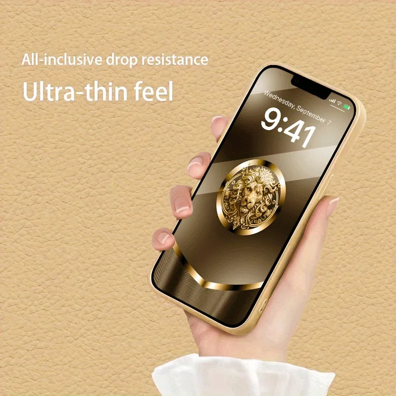 Simple Golden Lion Pattern Gold Metallic Paint Glass Phone Case For iPhone 17 16 15 14 13 12 11 Pro Max 14 Plus 17 Air 16E Cover