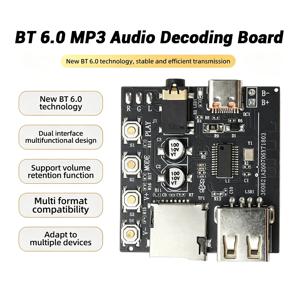 Bluetooth 6.0 Audio Receiver Module Lossless FLAC APE WAV MP3 Player U‑Disk TF Card Type‑C For Headphone Amplifier Speaker DIY