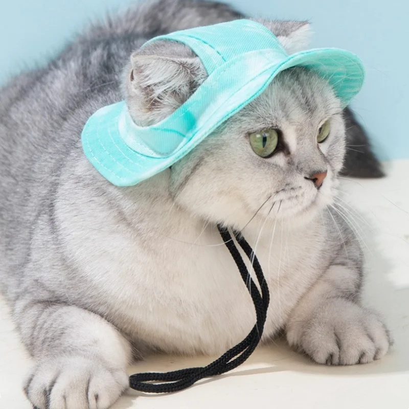 Pet Cat Sun Hat with Ear Holes Cute Kitten Fisherman Cap for UV Protection Breathable Outdoor Sunshade Cap for Cats