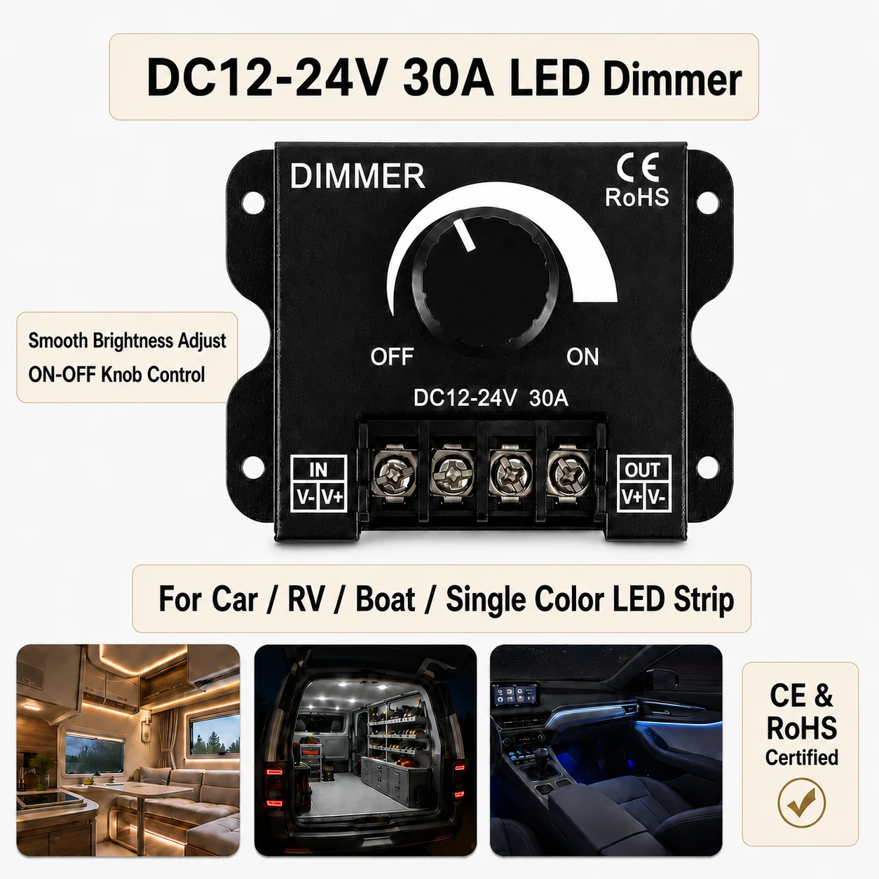 DC12‑24V 8A/30A Rotary LED Dimmer Switch Adjustable Brightness Controller for Car RV Boat Single‑Color LED Strip Light