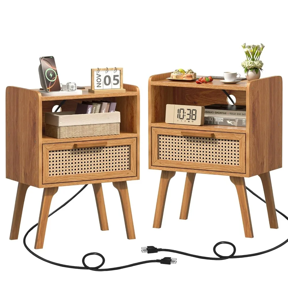 

Rattan Nightstands Set of 2 with Charging Station, Side Table with Drawer, Cane Accent Bedside End Table with Solid, Customized