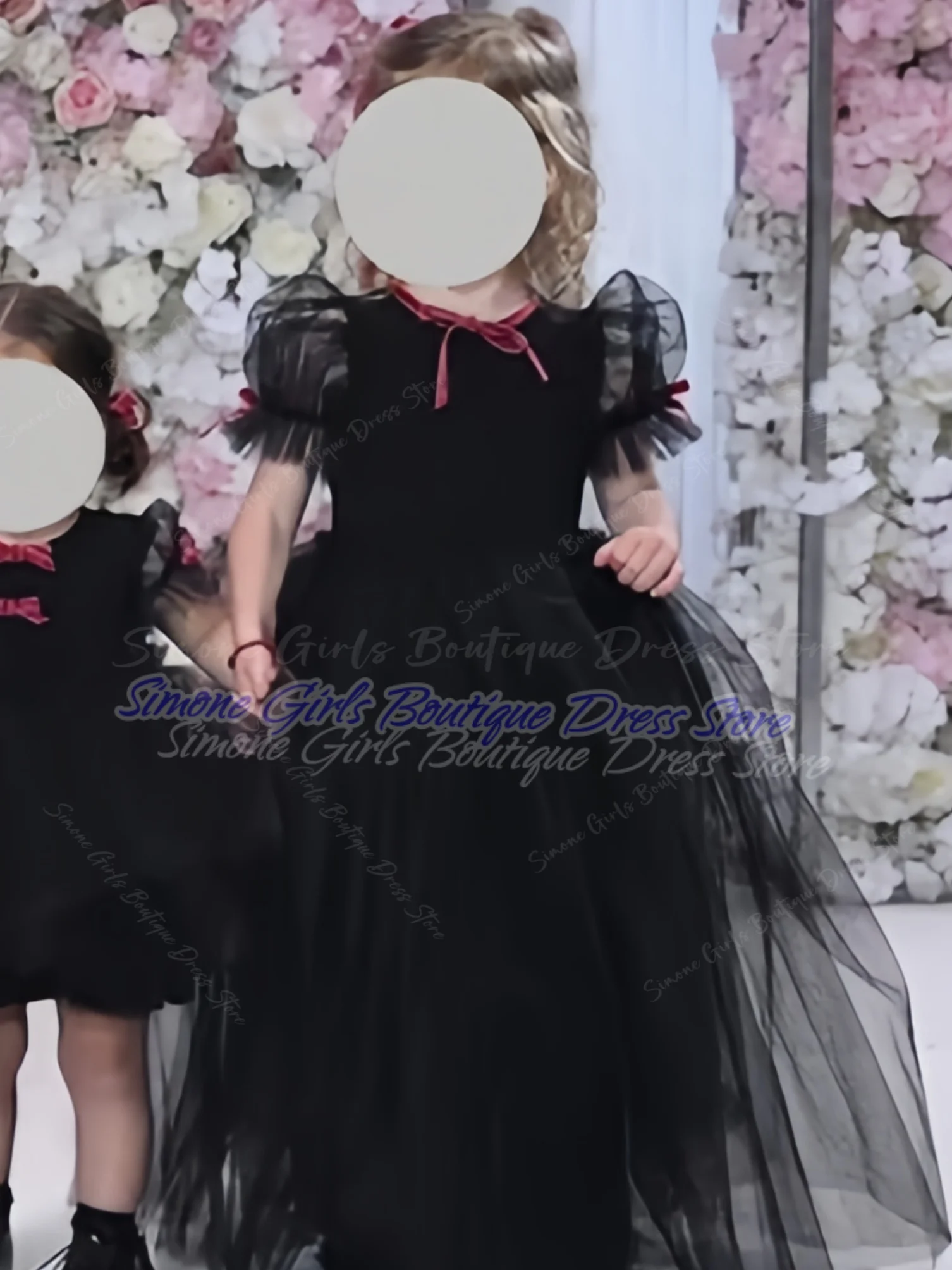 かわいい黒のふわふわスカート、ベルベットのリボン、フラワーガールドレス、結婚式、フラワーチャイルド、誕生日パーティー、祝祭に