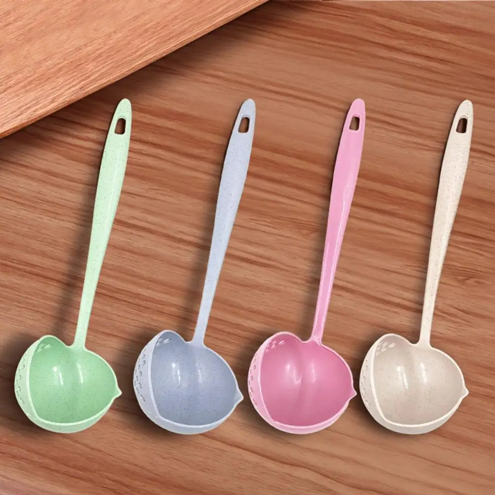 

2 in 1 Soup Spoon Wheat Straw Long Handle Soup Spoon Straining Ladle Soup Pan Spoon with Filter Strainer Kitchen Utensils