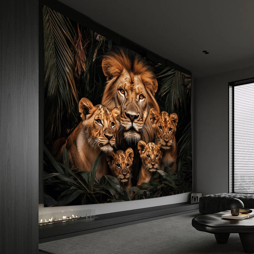 Lion Family Tapestry, Majestic Male Lion with Cubs in Jungle, Wildlife Animal Wall Hanging for Living Room Bedroom