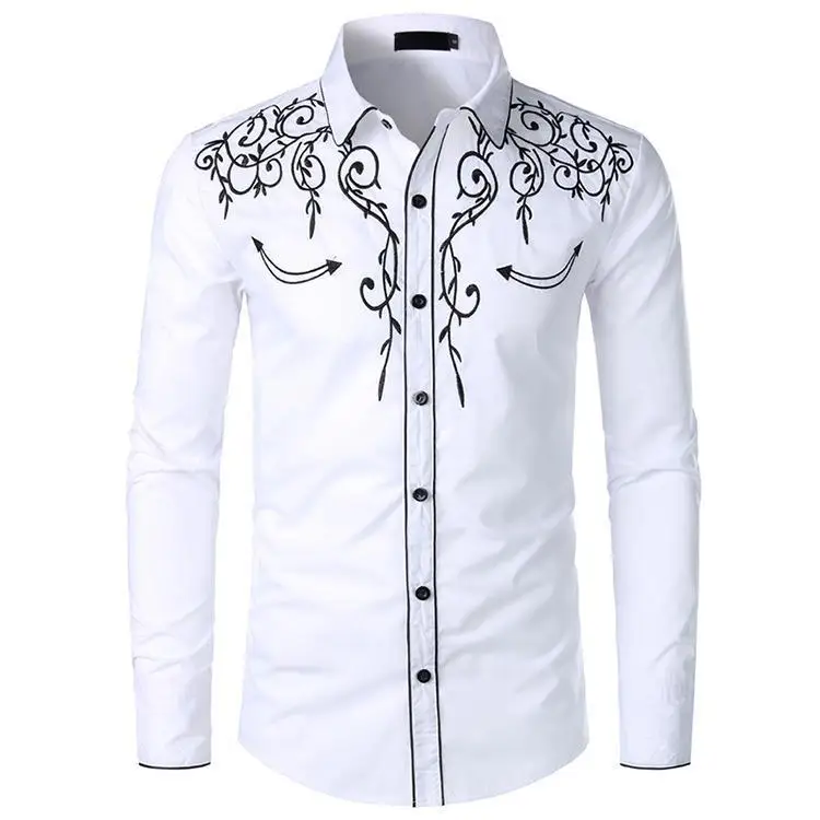 2025 Western Style Handmade Embroidered Shirt American Retro Shirt Men's Fashionable Embroidered Shirt Breathable Top S-2XL