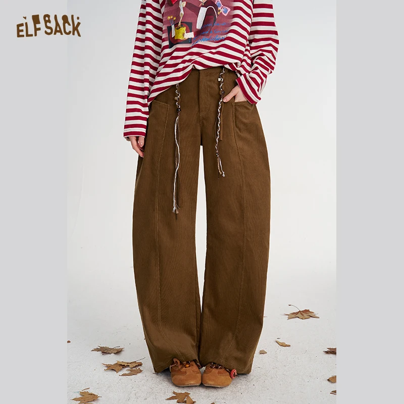 ELFSACK Women's Brown Pants with Braid Waist Detail, Loose Fit Casual Trousers, Vintage Chic Bottoms for Daily