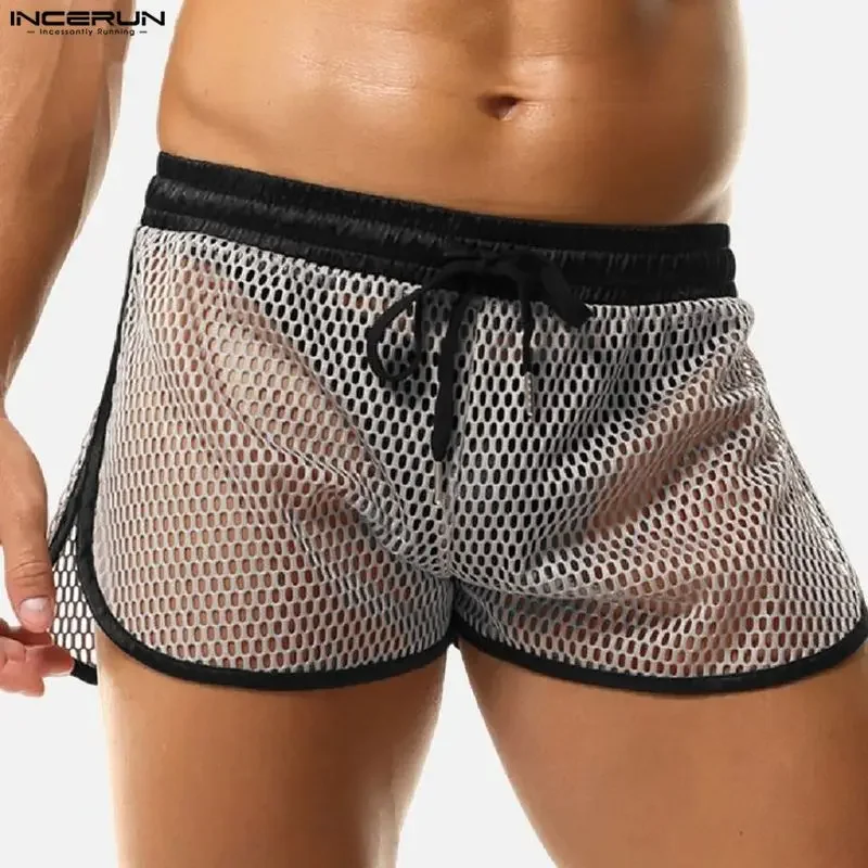 INCERUN Herren-Shorts, Mesh-Patchwork, durchsichtig, mit Kordelzug, Herren-Unterteile, Sommer, sexy, 2026, Urlaub, Freizeit-Shorts für Herren