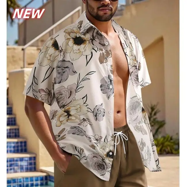 

Flower Leaf Pattern Hawaiian Shirt Men Plants 3D Printed Short Sleeve Blouse Casual Vacation Beachwear Button Loose Aloha Shirts