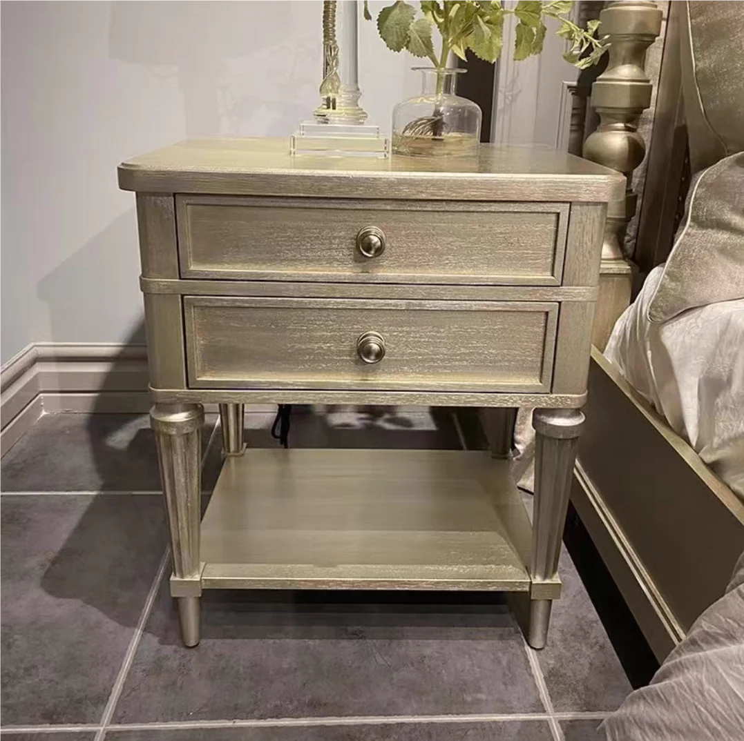 

grey solid wood bedside table champagne gold retro old bedside table whole house customization