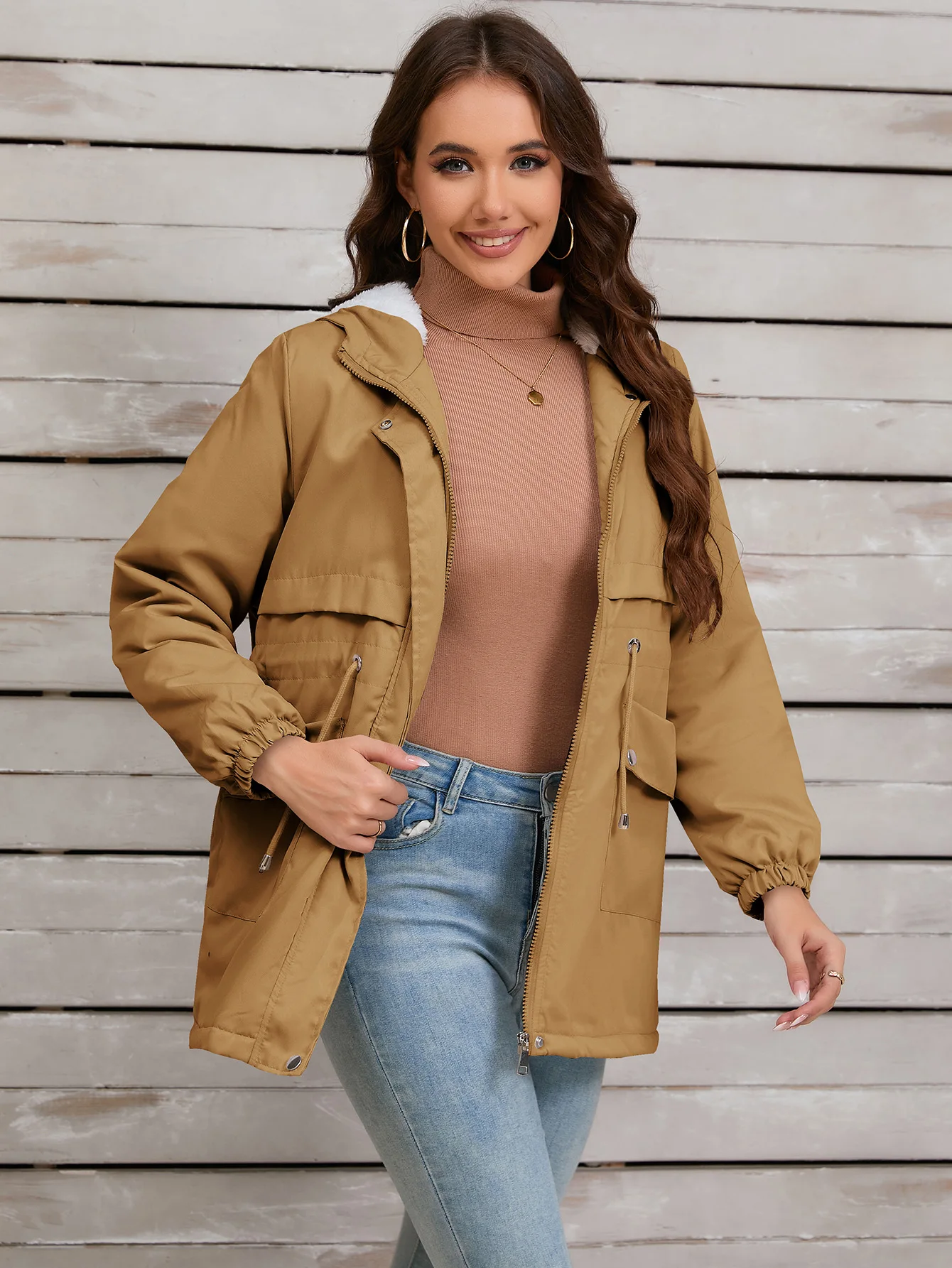 Women's Autumn and Winter New Fashion Fleecing Casual Loose Zipper Coat with Hood, Solid Color Warm Thickening Charge Jacket