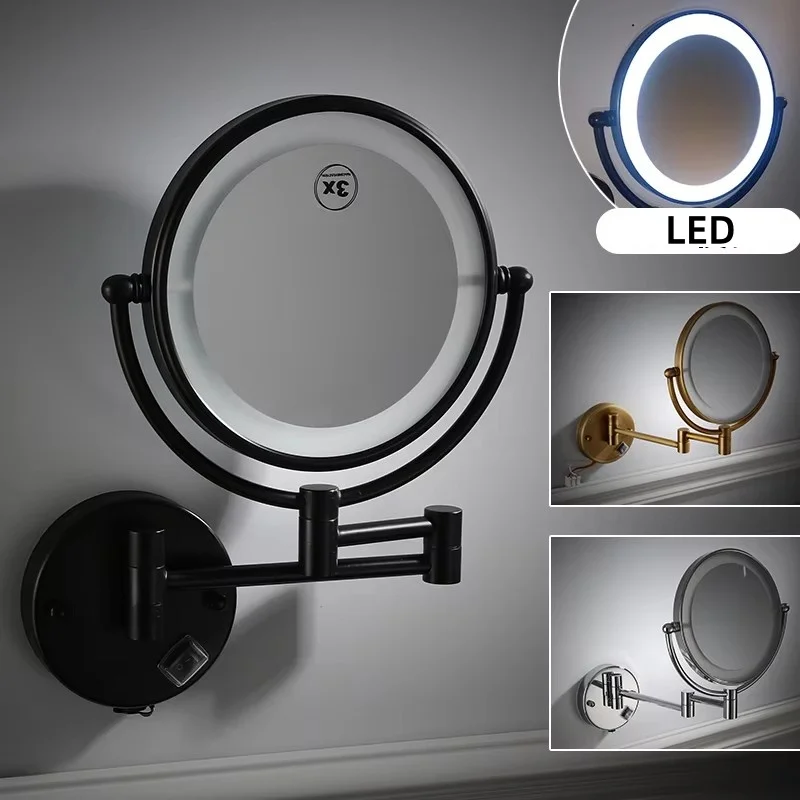 Black Brass LED Double-Sided Makeup Mirror Wall Mounted with Folding Extending Design And Triple Magnification Options 3X 5X 10X