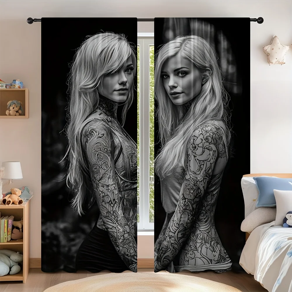 Tattooed Woman Curtains Black and White Art Print Window Drapes Gothic Fashion Home Decor Body Art Theme Living Room Bedroom