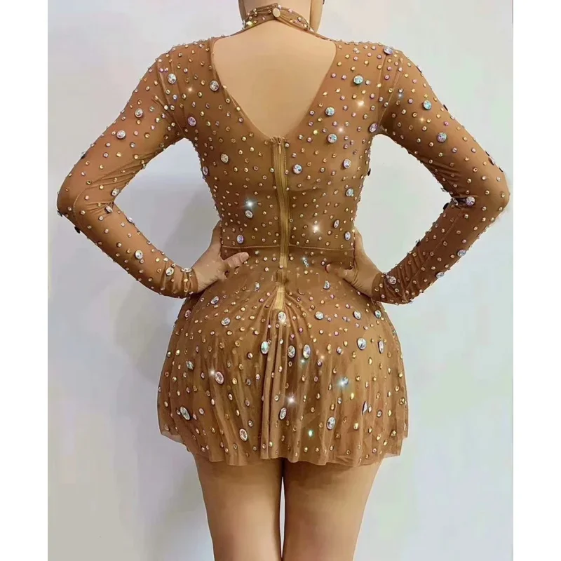 Sexy Transparent Rhinestones Long Sleeve Mini Dress Crystal Dance Costume Women Birthday Celebrate Party Outfit Show Stage Wear