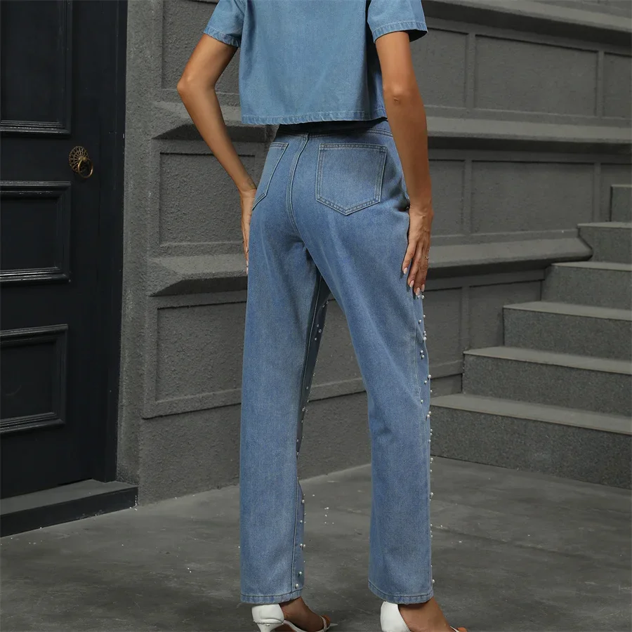 Vintage Pearl Beaded Jeans Women's Autumn New Streetwear Washed Denim Pants High Waist Loose Straight Long Trousers
