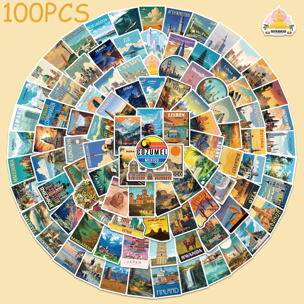 

50/100pcs World Famous Architecture Stickers Decals For Laptop Luggage Phone Scrapbook DIY Aesthetic Stickers Creative Gifts