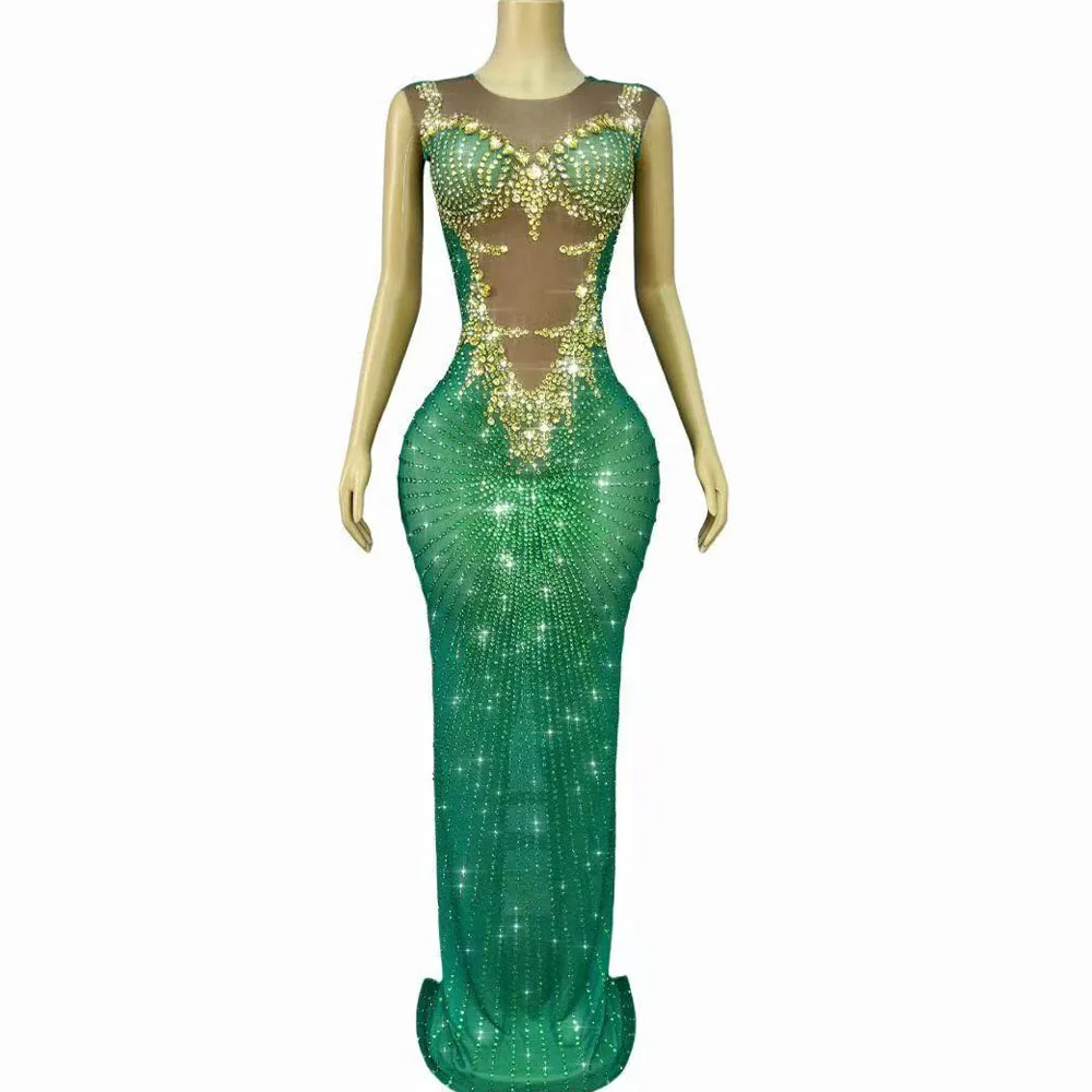 Sukienka damska seksowna, błyszcząca, z zielonymi cyrkoniami, bez rękawów, długa, na imprezę, urodziny, wieczór, sesję zdjęciową, występ sceniczny, kostium.