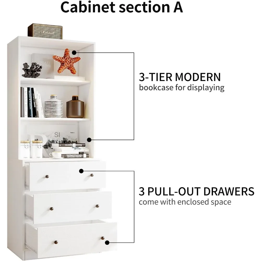 Vertical wooden filing cabinet, 3 tiers of modern bookshelves, 3 large drawers, open storage shelves, glass doors image 5