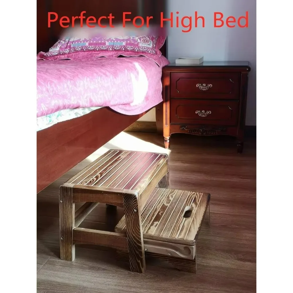 Handcrafted Solid Wood Bed Step Stool-Foot Stool Kitchen Stools Bed Steps Small Step Ladder Bathroom Stools (Burned)