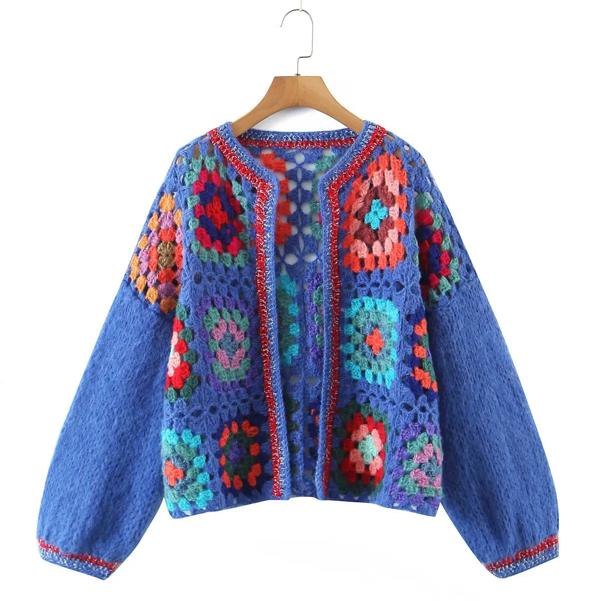 

2025 Holiday Spring And Autumn Long Sleeve Handmade Grandma Check Gold Silk Sweater Bohemian Crochet Hollow Knit Cardigan Top