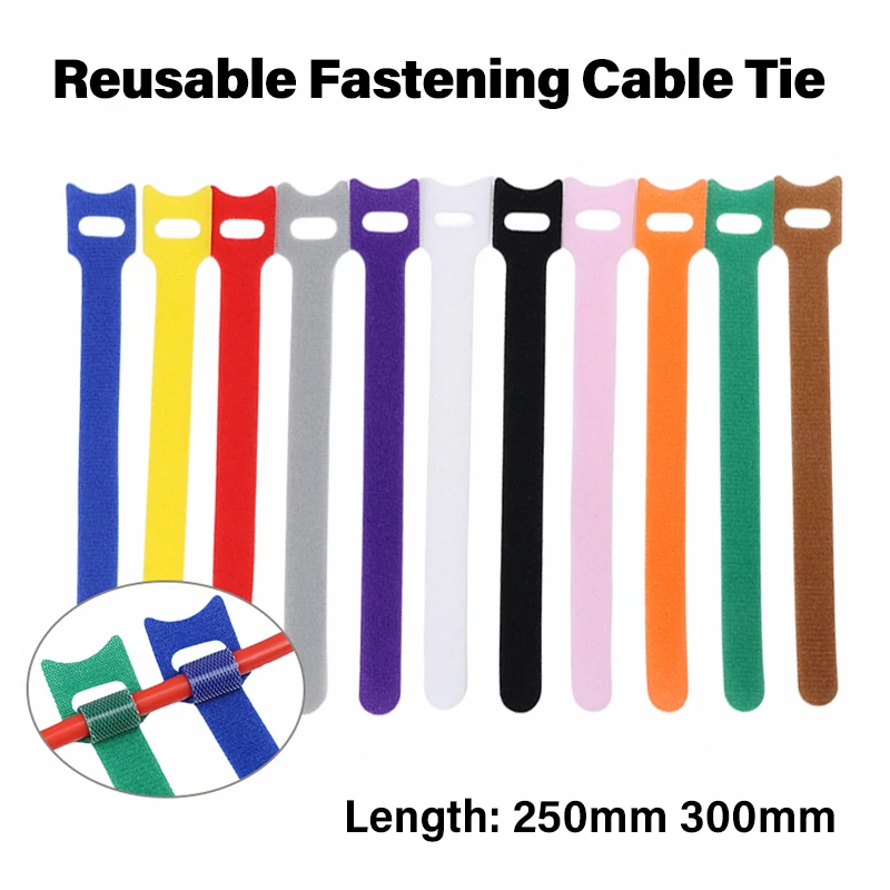 50~500Pcs T-Type 250/300mm Reusable Fastener Cable Ties Hook and Loop Wire Tie Adjustable Cable Straps Organizer Fastening Tape