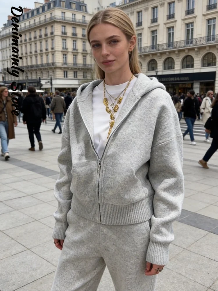 

Женский светло-серый спортивный костюм на молнии до половины, спортивный костюм оверсайз, широкие брюки, повседневная одежда для дома, уличная одежда, новинка 2026, весенняя новинка