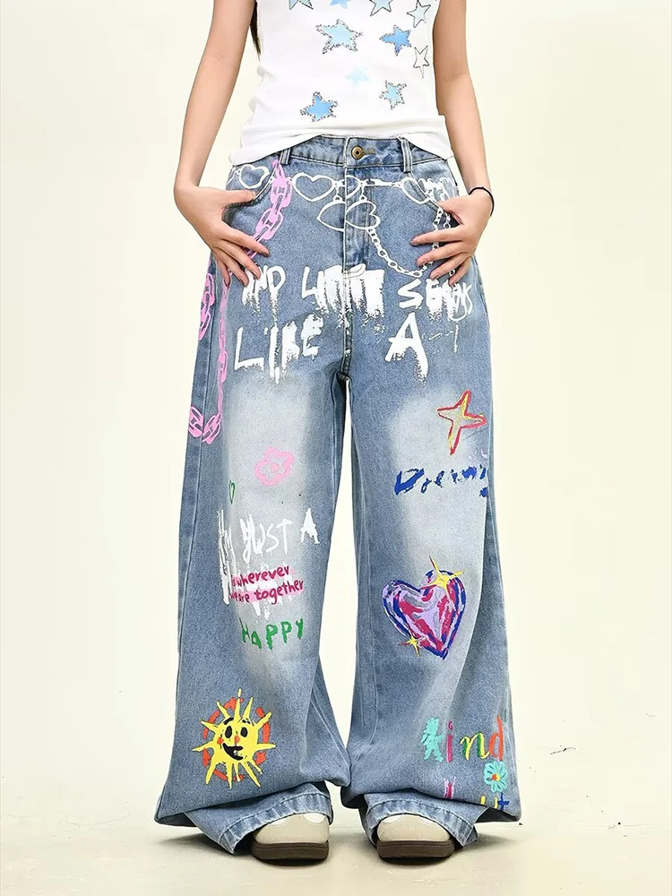

Женские мешковатые джинсы с принтом граффити Y2k, винтажные джинсовые брюки в стиле Харадзюку, японский стиль 2000-х, большие джинсы в стиле хип-хоп, брюки, одежда