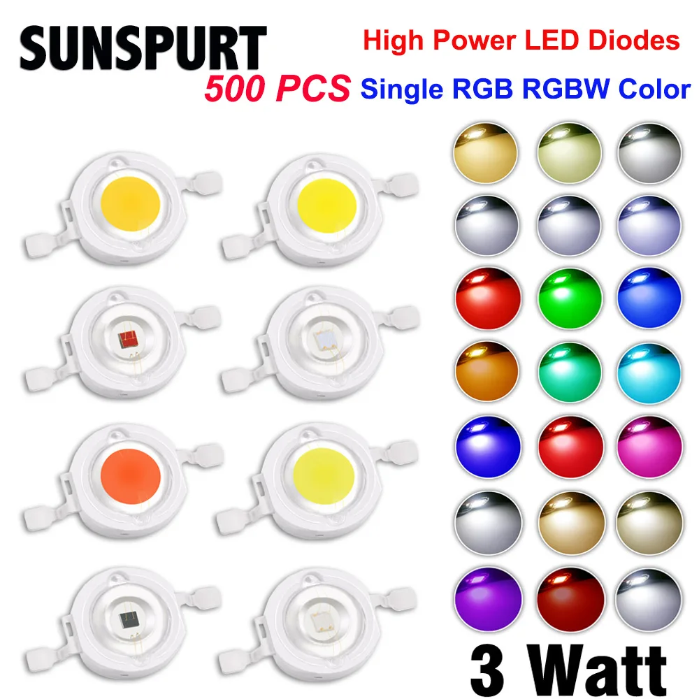 500 pcs 1W 3W PCB High Power LED Chip Lamp Bulbs SMD COB Diodes Warm Cold White Red Green Blue Yellow 440 660nm Grow Light Beads