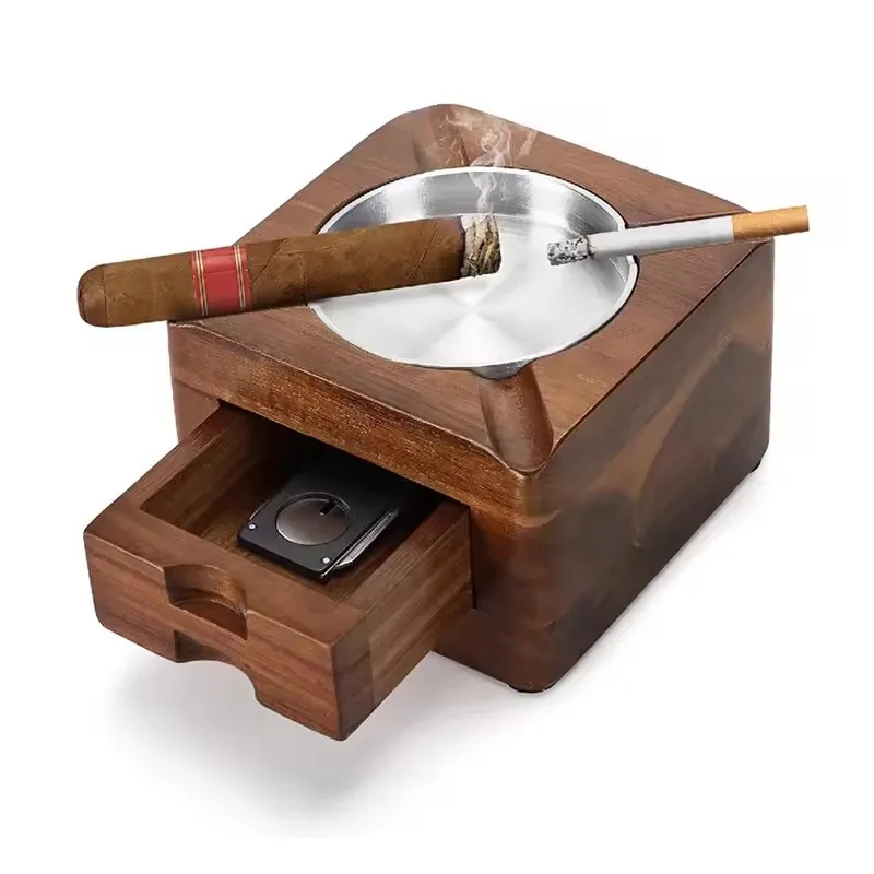 

Top Quality Wooden Square Cigar Ashtray With 4 Slots And Drawers, Cigar Tool Storage Box, Smoking Accessories, Men'S Gift