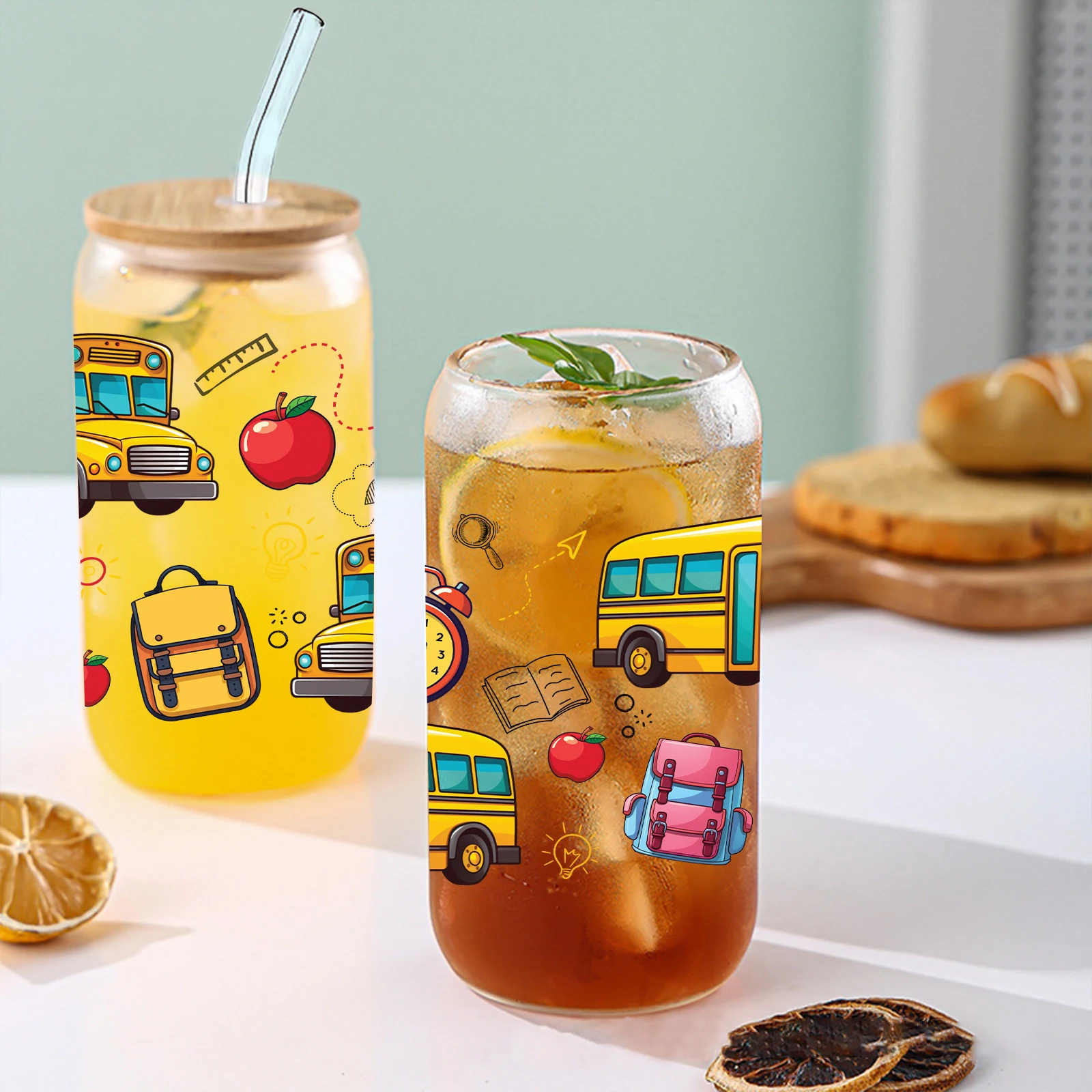 School Bus 3d Pattern 16oz Glass Tumbler Mug With Lid&Straw Coffee Glass Mug Iced Coffee Lover Gift Back To School Gifts