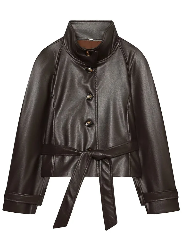 HH Vacation Getaway Brown Leather Jacket Women Autumn Winter Stand Collar Belted Waist Travel Casual Chic Stylish Outerwear