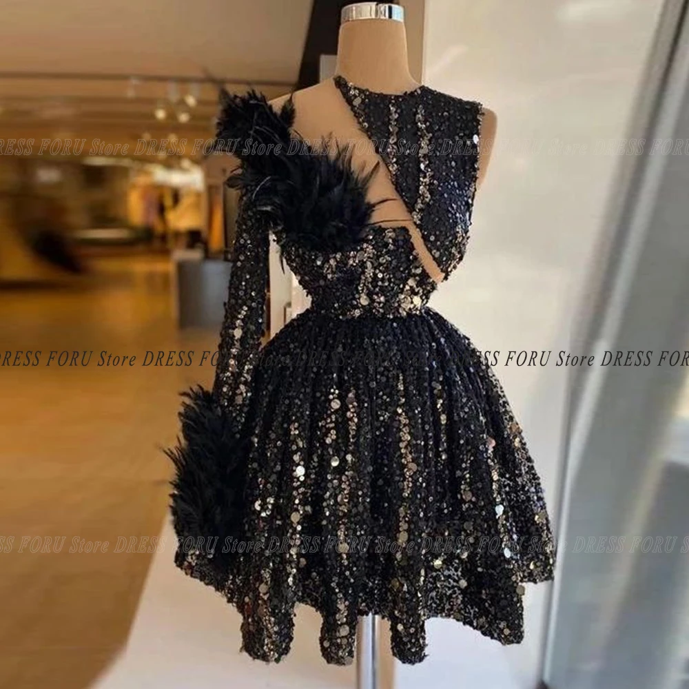 Vestido de noche largo de lujo con lentejuelas negras, con cuello redondo minivestido de fiesta de graduación, un hombro, cuentas brillantes, 2023