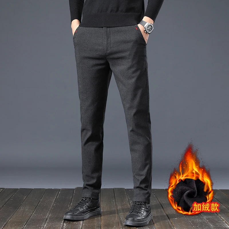 

Мужские осенне-зимние повседневные брюки из замши цвета хаки, черного и серого с начесом, имитация шелка, толстые, эластичные, деловые брюки