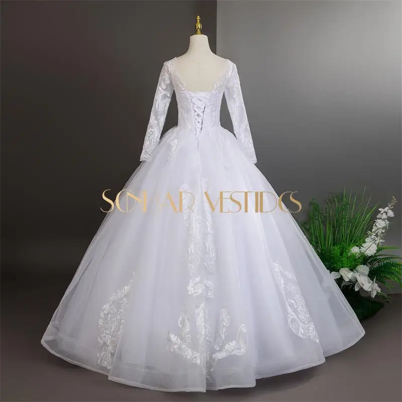 Suknia ślubna z długim rękawem, czysta biel, luksusowa koronka, rozmiary plus size, szyta na miarę, nowość 2025