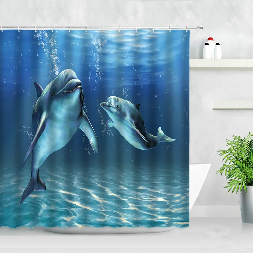 Blue Ocean Dolphins Shower Curtain Deep Sea Animal Modern Waterproof Fabric Bath Curtains Decoration Bathtub Screen with Hooks