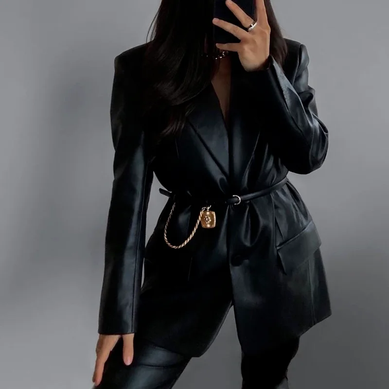 Elegante schwarze Pu Blazer weibliche gefälschte Tasche lässig lang ärmel ige Ein knopf Büro Herbst und Winter Damen koreanischen Blazer 2022