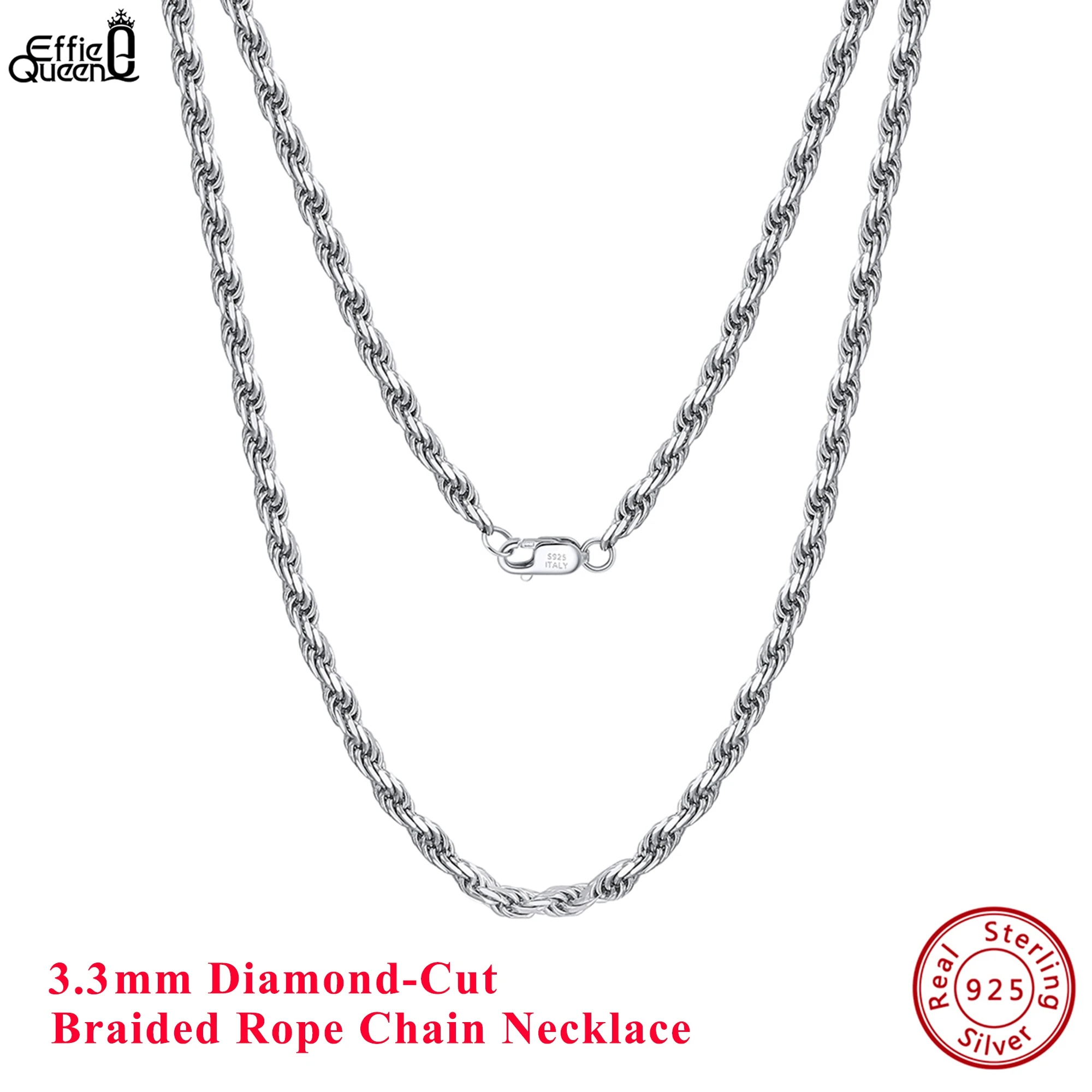 Effie Queen Genuine 925 Sterling Silver Italian Diamond-Cut Rope Chain Necklace for Women Men 18K Gold Twist Chain Jewelry SC29