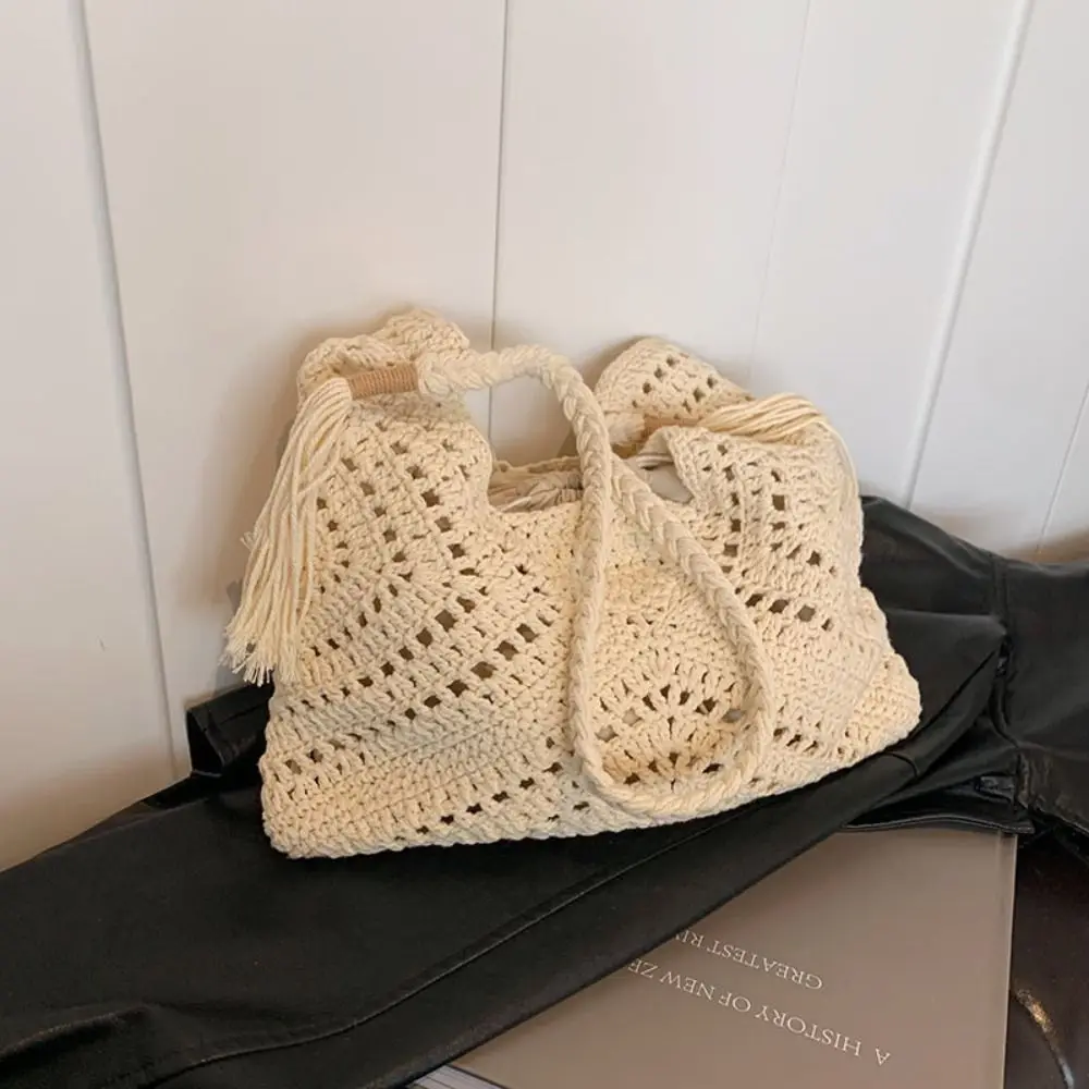 

Simple Shoulder Bag Knitted Bag Bohemian Hollowed Out Crochet Tote Bag Storage Bag Cotton Thread Beach Bag Shopping