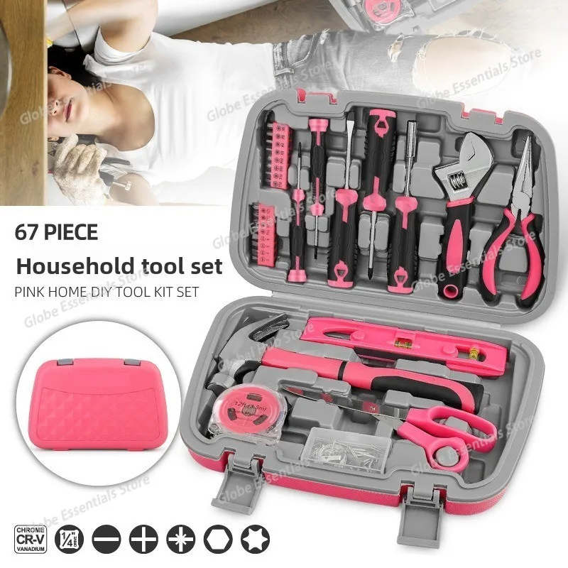 67pcs Pink Lady Tool Set Hand Tool Kit Multi-tool Hammers Pliers Saws Screwdrivers Wrenches Tapes Pink Tool Kit For Women