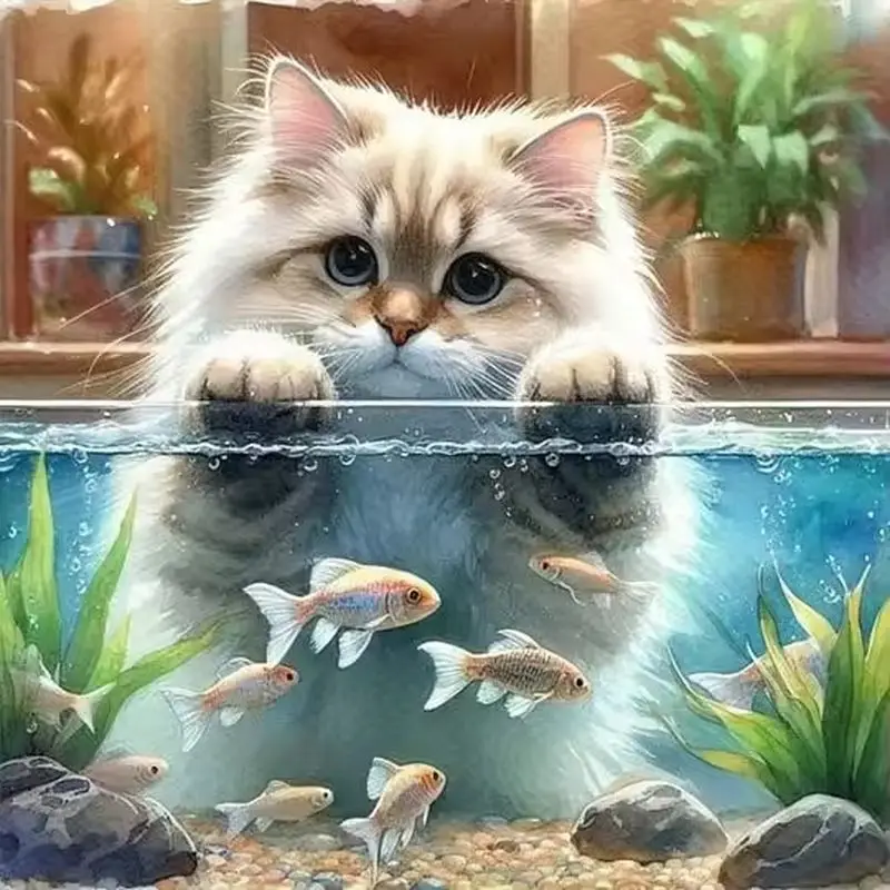 

CHENISTORY 5D DIY Diamond Painting Cat and Fish Full Square Rhinestones Mosaic Diamond Embroidery Cross Stitch Home Decor