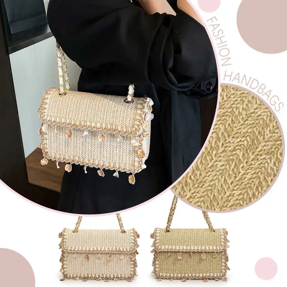 

Женская соломенная сумка на плечо с цепочкой, стильная вязаная сумка-слинг, большая вместительная сумка-саквояж с кисточками, летняя пляжная сумка на берегу моря