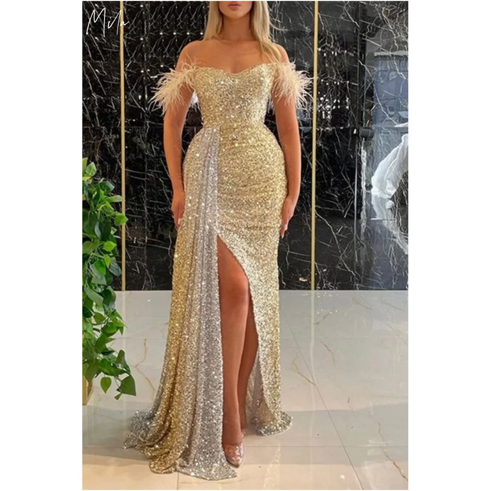 

Mila с открытыми плечами, блестящие блестки, платья для выпускного вечера с высоким разрезом по бокам, вечернее платье длиной до пола, платья de fiesta 2025