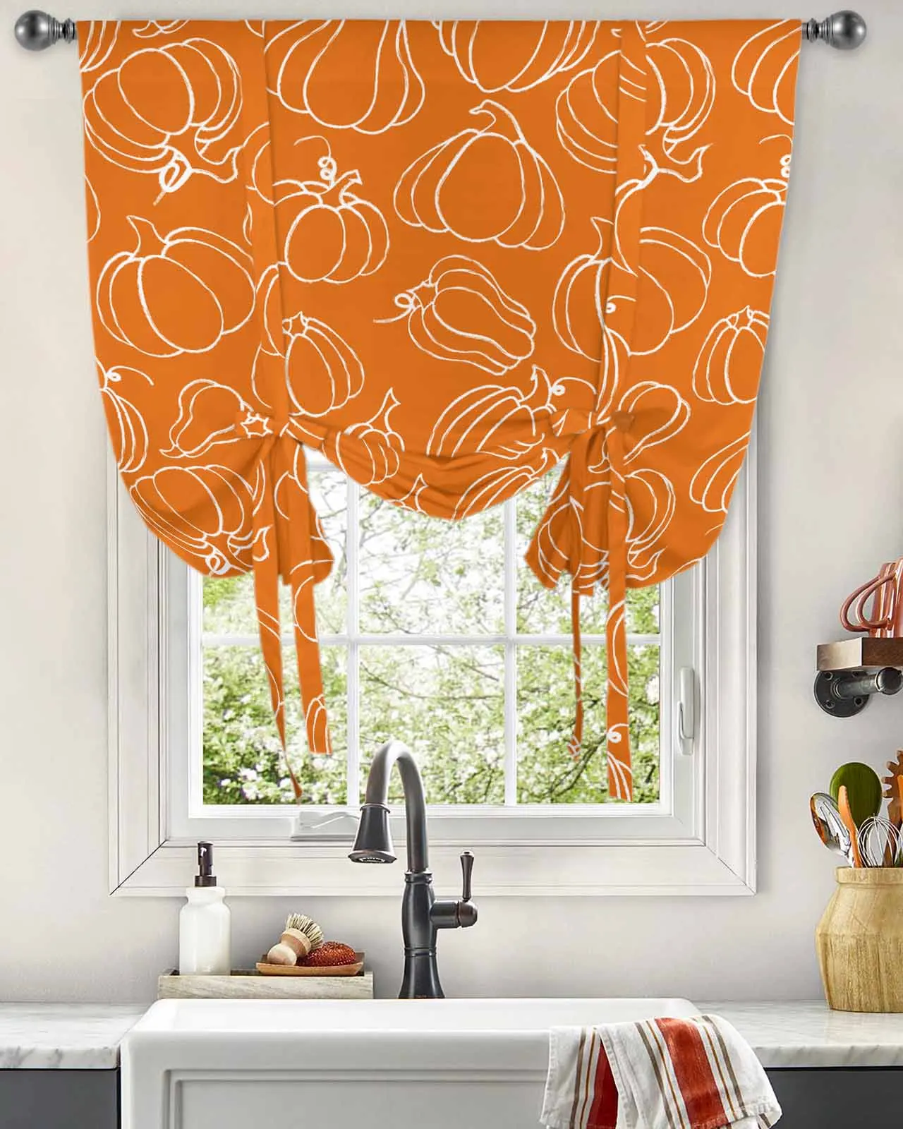 Thanksgiving Autumn Orange Pumpkin Window Curtain for Living Room Home Decor Blinds Drapes Kitchen Tie-up Short Curtains