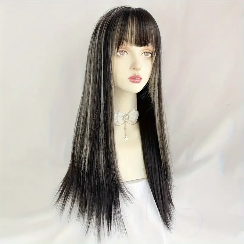Synthetic Long Straight Black White Mixed Wigs with Bangs Lolita Cosplay Women Fluffy Hair Wig for Daily Party Heat Resistant