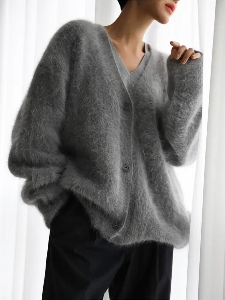 Elegante scollo a V Mohair Cardigan morbido donna sciolto solido manica lunga caldo maglione di peluche cappotto signora inverno Chic maglieria femminile