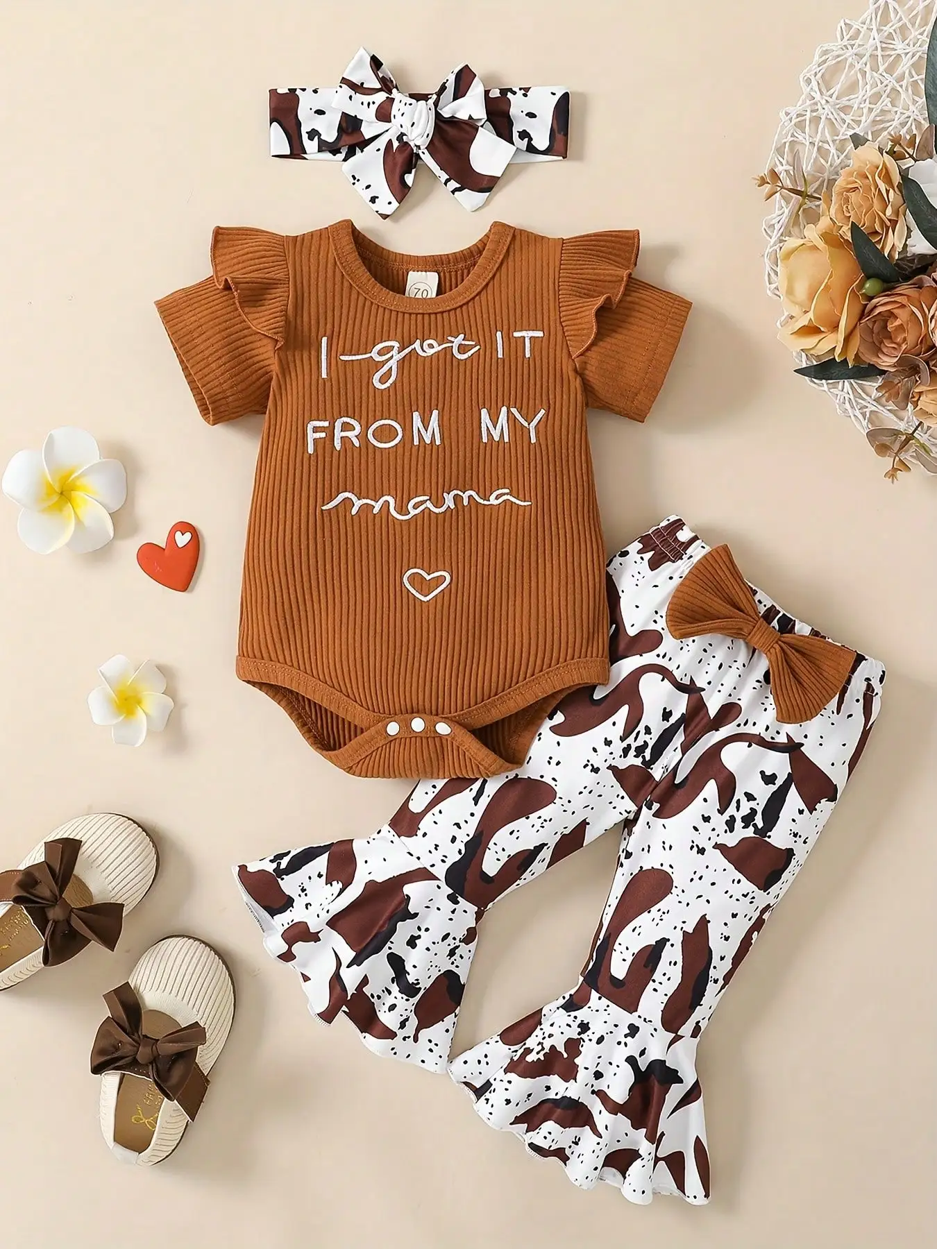 

Toddler Baby Girl Outfit Ribbed I Got It From My Mama Ruffled Romper Flared Pants Newborn Baby Girl Clothes 0-12 Months