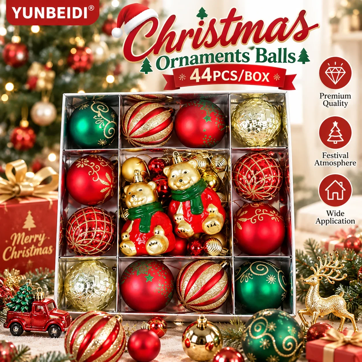 44PC Christmas Ball Set Plastic Bear Star Reindeer Shaped Hanging Christmas Decorative Balls for Home Party Christmas Tree Decor