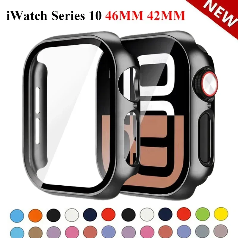 

Чехол из поп-стекла + ПК для Apple Watch 10, 46 мм, 42 мм, аксессуары, закаленная защитная пленка HD для экрана, жесткий бампер, чехол IWatch Series 10, 42 46
